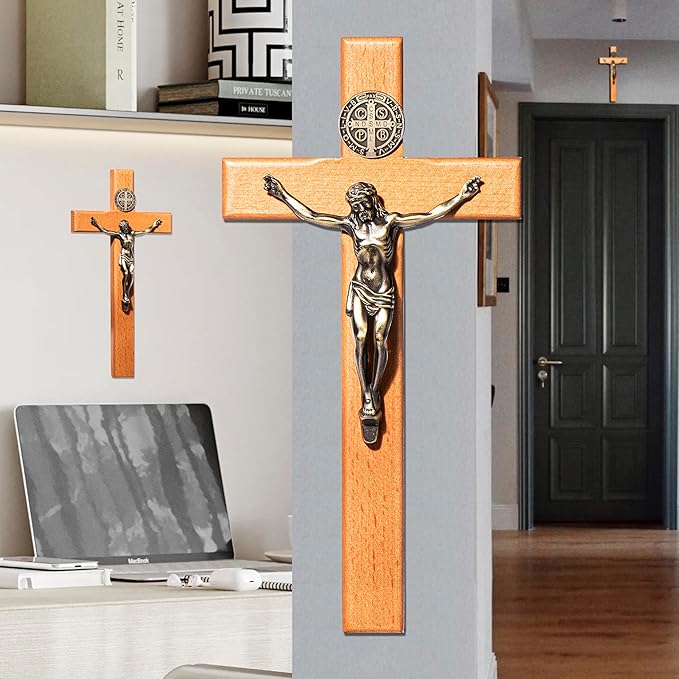 ACHIBANG 10" Crucifix Wall Cross Catholic, Wooden Wall Cross with Jesus and Saint Benedict Medal for Home or Prayer Room, Catholic Gifts