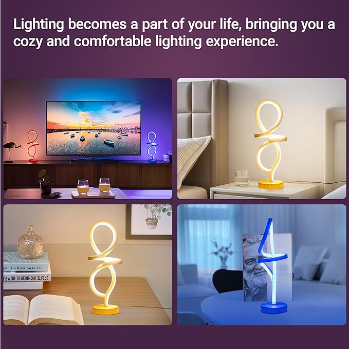 Mayful Modern LED Spiral Table Lamp, RGB Wood Grain Bedside Light with 7 Colors 10 Modes, Touch Dimmable Nightstand for Bedroom Living Room Home Office, 15W