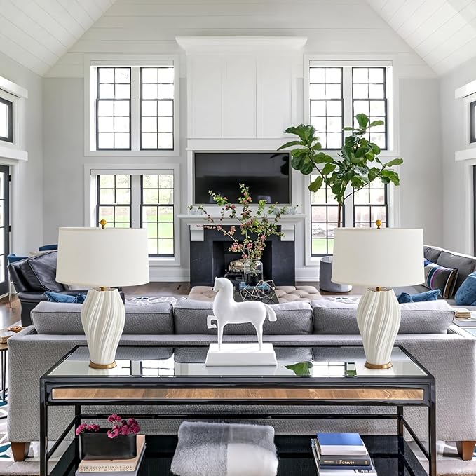 Plug in White Large Ceramic Table Lamps 26.75In, Modern Textured Table Lamp Decorative for Living Room Bedroom Nightstand Bedside Office Desk