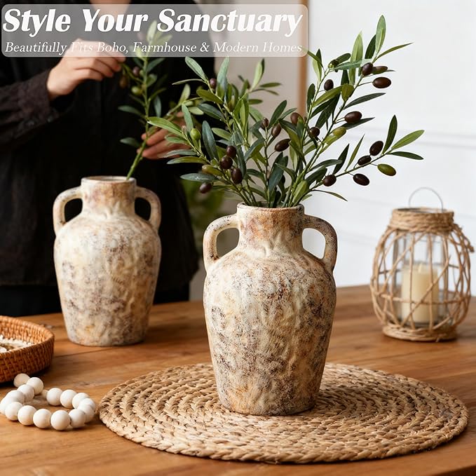 Vintage Wabi Sabi Ceramic Vase – Farmhouse Flower Vase with Handle, Rustic Decorative Pot for Entryway, Shelf, Floral Arrangement, Boho Home Decor
