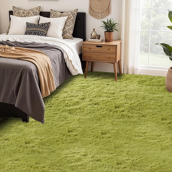 Green Grass Area Rugs for Bedroom: 5x8 Fluffy Shag Carpet for Living Room-Fuzzy Furry Plush Soft Kids Girls Shaggy Bedside Indoor Floor Rug for Teen Dorm Home Decor Aesthetic (Lawn Green,5x8 Feet)