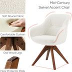 Art Leon Desk Chair No Wheels, Mid Century Modern Office Chair, Swivel Accent Chair with Oak Wood Legs, Boucle Fabric Upholstered Arm Chair, White