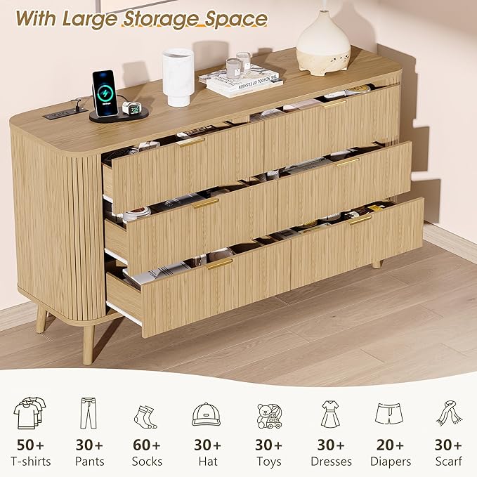 Alohappy Fluted 6 Drawer Dresser with Charging, 57" Wide Wood Dresser TV Stand, Mid Century Modern Long Dressers with Curved Profile Design for Closet (Natural Oak, 17.7" D x 57" W x 31.5" H)