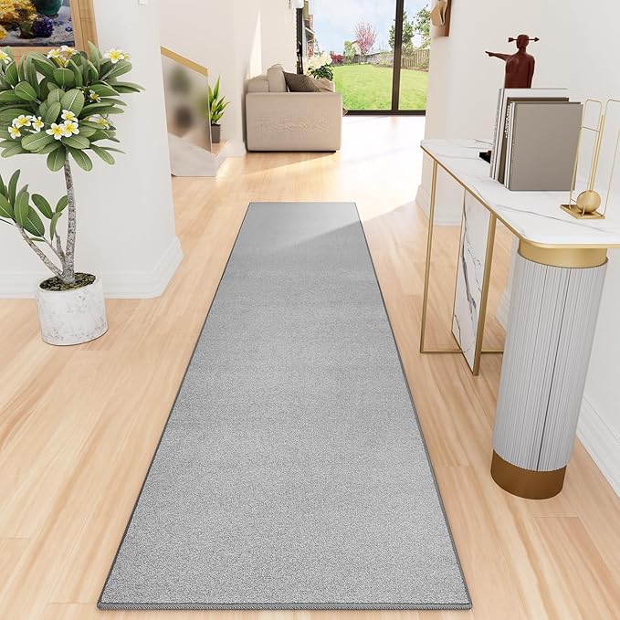 Runner Rug with Non Slip Rubber Backing, Washable Soft Floor Carpet for Kitchen, Hallway, Entryway Indoor, Bedroom, Laundry, Low Pile Area Rugs, Solid color with Pointillism style, 2*10 ft GREY