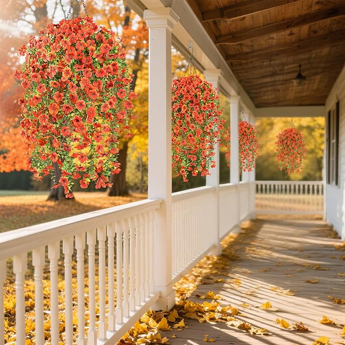 6 Bundles Artificial Fall Flowers for Outdoors Fake Plants Garden Home Fall Decor,UV Resistant Realistic Silk Faux Autumn Flower Indoor Outside Front Porch Patio Balcony Yard Farmhouse(Orange)