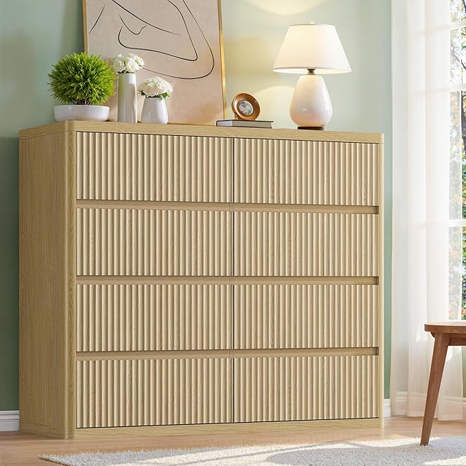 48" Wide Fluted Dresser with 8 Drawers, Modern Chest of Drawers with Deep Drawers, Handleless, Curved Profile, Wooden Storage Organizer for Bedroom, Living Room, Hallway, Natural