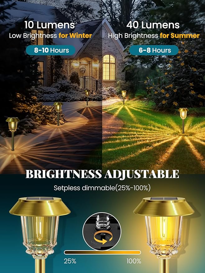 Solar Lights Outdoor Waterproof,6 Pack Gold Solar Pathway Lights with 10-40 LM Dimmable Glass and Metal, Solar Powered Garden Fall Decor for Yard,Patio,Pathway,Driveway(Warm White)