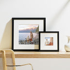 Vittanly 8x8 Picture Frames Set of 9, Shatter Resistant Plexiglass, Display 4x4 Pictures with Mat or 8x8 without Mat, Photo Frames for Wall Mount, Engineered Wood, Black