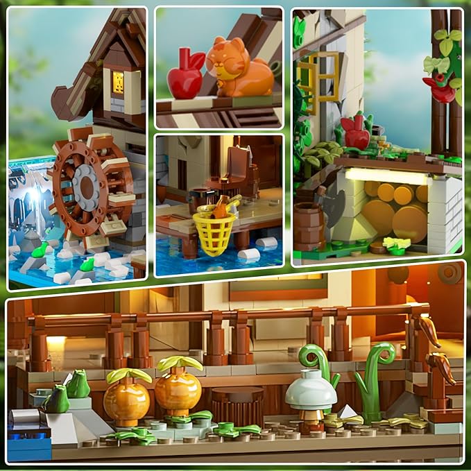Wood Cabin Building Set with Light, 2570 PCS Wooden Forest House Mini Building Block Toy with Waterwheel Pond Animals, Big House Construction Model for Adults Teens Kids Boys Girls 10-12+
