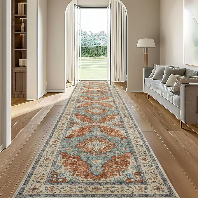 Topllen Runner Rug - 2'x10' Boho Washable Kitchen Rug, Non-Slip Soft Low Pile Rugs Indoor for Hallway Hall Living Room Bedroom Sunroom, Vintage Throw Stair Carpet Stain Resistance (Rust, 2x10ft)