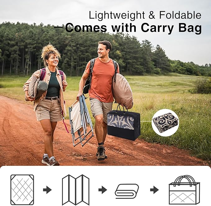 OLANLY Outdoor Rug Waterproof 5x8 ft Clearance, Reversible Outdoor Plastic Straw Rug with Floral Pattern, RV Mat for Patio, Camping, Balcony, Deck, Backyard, Black & Beige