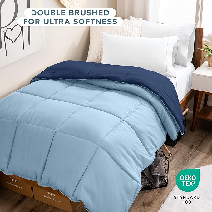 Bare Home Twin/Twin Extra Long Comforter - Reversible Colors - Goose Down Alternative - Ultra-Soft - Premium 1800 Series - All Season Warmth - Bedding Comforter (Twin/Twin XL, Dark Blue/Light Blue)