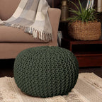 REDEARTH Round Hand Knitted Pouf - Foot Stool Bean Bag Ottoman - Cord Boho Pouffe - Poof Accent Beanbag Footrest for Living Room - Bedroom - Patio - Lounge (19.5"x19.5"x14") - Olive