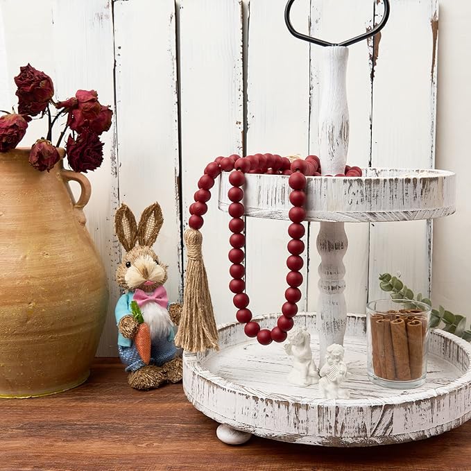 OMISHE 59in Wood Bead Garland with Tassels, Decorative Beads Decor, Farmhouse Wooden Beads Garland for Wall Hanging Home Festival Decor, Burgundy, Wind Red