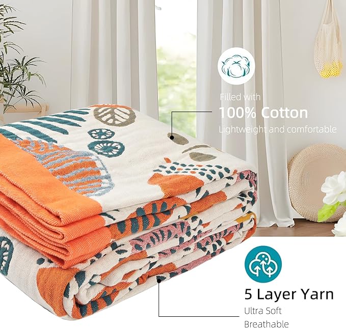 Boho Throw Blanket for Bed - 100% Pure Cotton Ultra Soft Rustic Quilt - Farmhouse Decor Bed Blankets, All Season Rustic Throw for Sofa Couch Chair(80''x 90'', Floral Print 2)