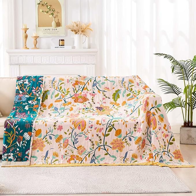 Boho Throw Blanket for Bed, 100% Cotton Soft Rustic Quilt Fall Blanket, 90"x98" Floral Printed Farmhouse Decor Bed Blankets, All Season Rustic Reversible Bohemian Throw Quilt