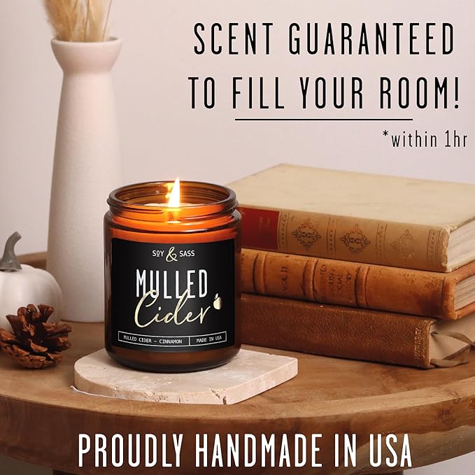 Mulled Cider Candle, Fall Candles I Apple Cider Candle w/Cinnamon & Nutmeg - Infused w/Essential Oils I Mulled Cider Fall Scented Candles (Soy) for Home I 9oz Reusable Jar I 50Hr Burn I Made in USA