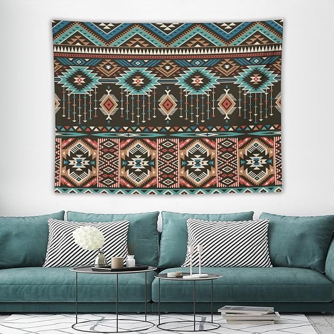 HZOHNAGO Aztec Tapestry Turquoise Blue and Brown and Native American Tribal Pattern Printed Wall Tapestry Wall Hanging for Bedroom Living Room Dorm 80" W x 60" H