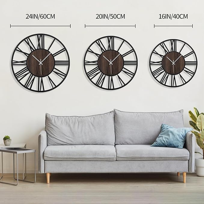 LEIKE Large Wall Clocks,Silent,Non Ticking,Battery Operated Big Retro Round Modern Wood Wall Clock for Living Room, Bedroom,Dinning Room,Farmhouse,Office,Home Decor-20 Inch(Black-Roman Numerals)