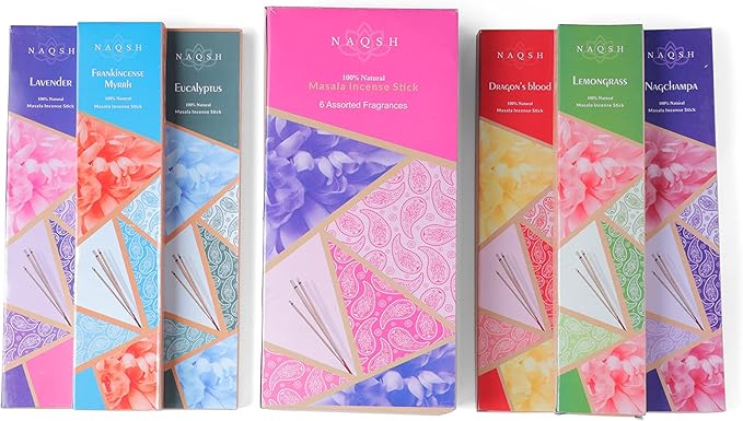 Naqsh Premium Hand Rolled Incense- Assorted 6x20 Mesmerizing Incense Sticks Including Lavender, Dragon's Blood, Frankincense Myrrh, Lemongrass, Eucalyptus, and Nagchampa