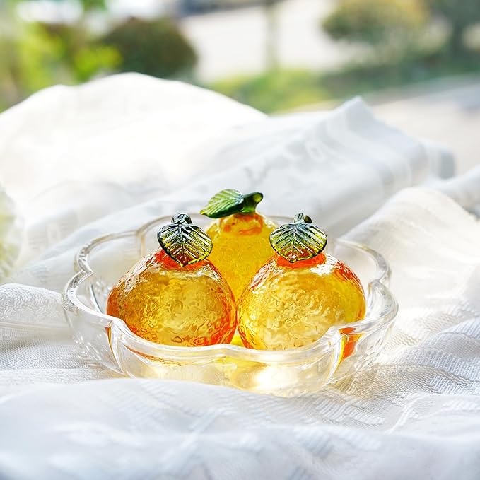 Glass Orange Figurine Crystal Fruit Collectibles Hand Blown Glass Fruits Tangerine Decoration Art Ornament for Home Office Kitchen Decor Gift for Women
