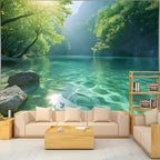 BSFHH Nature Tapestry Forest Tree Sea Cave Wall Hanging, Stream Through Rainforest Landscape Wall Art Tapestry for Bedroom Living room (Lake View, 110" × 87", Unframed)