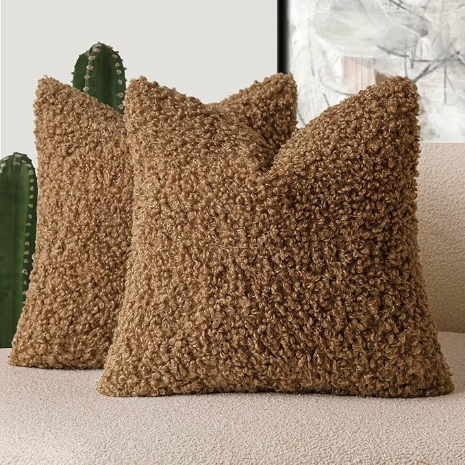 Foindtower 2 Pieces 18x18 Inch Dark Bronze, Faux Fur Throw Pillow Cover Accent Sherpa Furry Pillow Covers Fuzzy Soft Pillowcases Cozy Sheepskin Decorative Fleece Cushion Case for Bed Couch Living Room