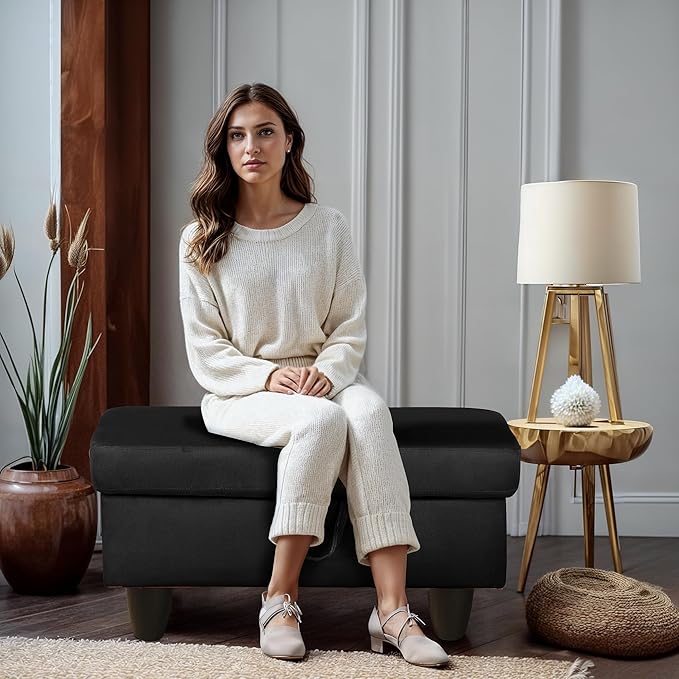 Ottoman Rectangular Storage Ottoman Bench, Flannel Footrest Stool Footstool with Lid for Living Room, Bedroom, Entryway, Black, 28.5"x19"x17.5"