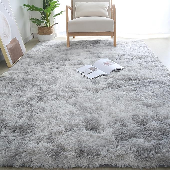 Living Room Area Rug 8x10 - Grey Plush Shag Rugs for Living Room Bedroom - Large Modern Soft Indoor Non-Slip Shaggy Floor Carpet,Tie-Dyed Light Gray