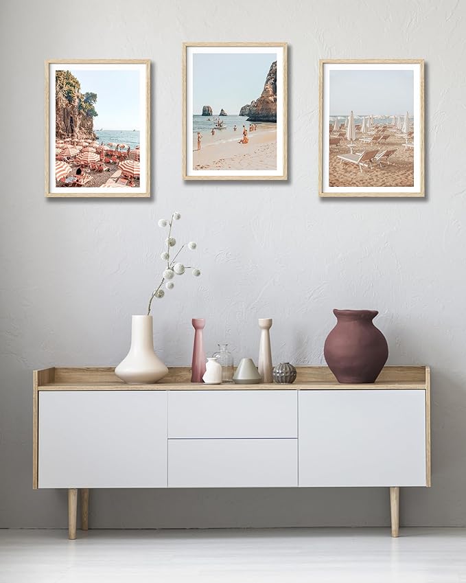 HesenDot Natural OAK Wood Framed Amalfi Coast Summer Wall Art,12x16in Italy Arienzo Beach Canvas Wall Print,Positano Swimming Poster Wall Decor for Living Room,Bedroom,Office Gallery Set of 1