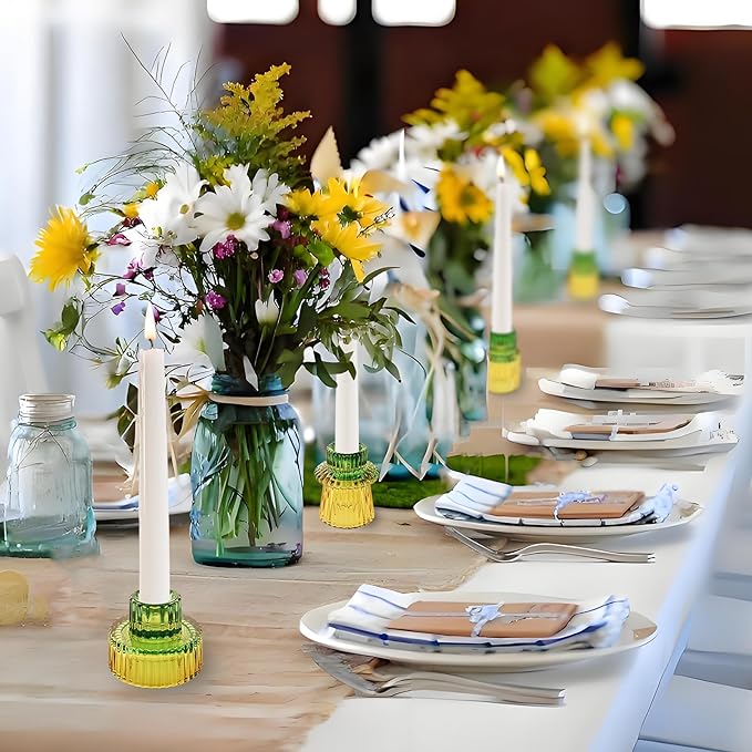 Double Sided Vintage Ribbed Taper Glass Candle Holders,Tea Candle Holder for Table Centerpieces, Wedding Decorations and Dinner Parties (Yellow Green, 6 PCS)