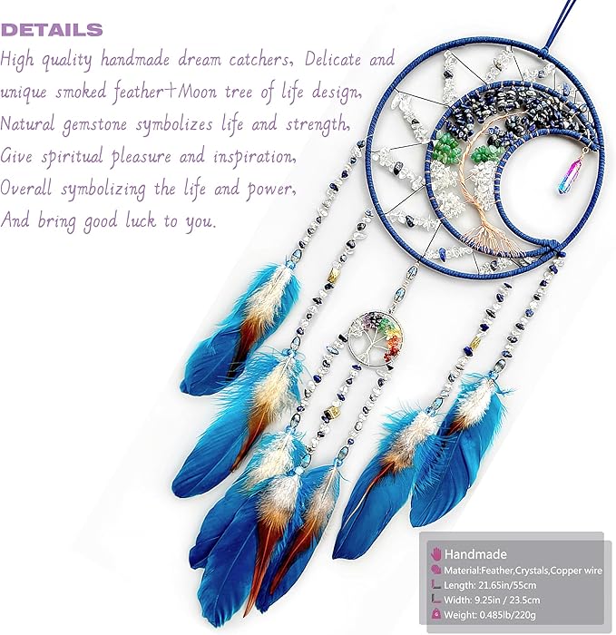 Tree of Life Dream Catchers,Handmade Rainbow Healing Crystal Stone Dream Catcher Wall Hanging Ornament for Bedroom Wedding Party Decor, Festival Blessing Gift (Blue Purple Tree of Life Art(Moon))