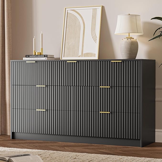 Black 7 Drawer Dresser for Bedroom, Modern Fluted Dresser with Gold Metal Handles, Wide Chest of Drawers for Bedroom, Living Room, Entryway, Hallway, 55.9" L x 15.7" D x 31.4" H
