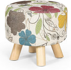 Asense Small Round Ottoman Foot Rest Stool Linen Padded Seat Footstool Ottoman with Anti-Slip Wooden Legs (Flower,Linen)