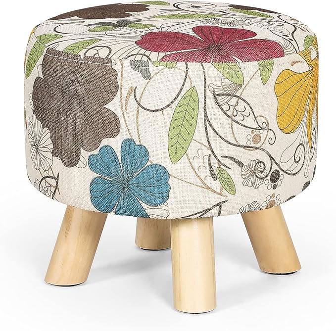 Asense Small Round Ottoman Foot Rest Stool Linen Padded Seat Footstool Ottoman with Anti-Slip Wooden Legs (Flower,Linen)