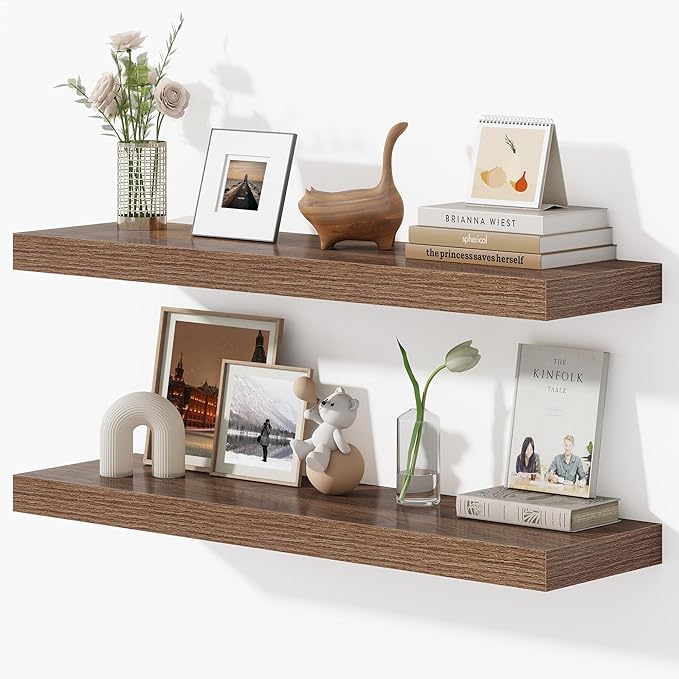 36 Inches Floating Shelves for Wall, 9.3" Deep Long Floating Shelves Set of 2, Large Display & Storage Shelf, Wall Shelf for Bathroom Bedroom Living Room Kitchen Office, Walnut