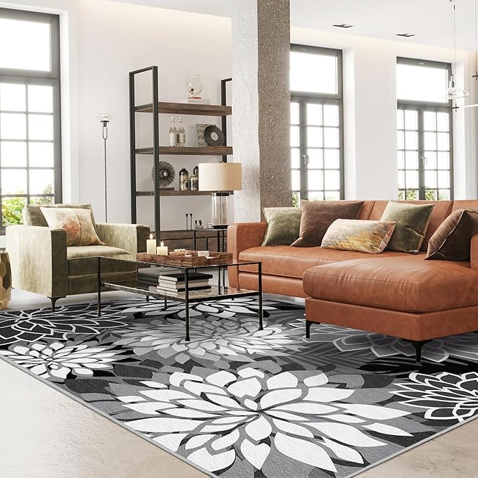 Indoor Outdoor Area Rug Washable Multicolored Rug Tropical Botanical Modern Floral Indoor Outdoor Carpet Black White Rug Non Slip Non Shedding for Patio, Deck, Backyard, Porch (6x9)