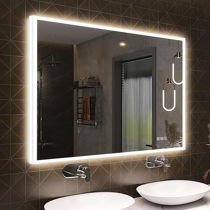 SBAGNO LED Bathroom Mirror with Lights, 40''x28'' 3D Border Bathroom Vanity Wall Mirror with Bluetooth, Anti-Fog, Stepless Dimming, 3 Colors, Tempered Glass Lighted Vanity Mirror for Bathroom