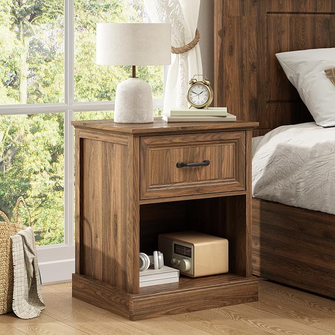 CARPETNAL 20" Farmhouse Nightstand, End Table with Large Drawers & Open Storage, Side Table, Bedside Cabinet for Bedroom, Living Room, Walnut