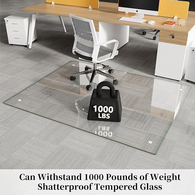 Glass Chair Mat 48" x 60" Heavy Duty Tempered Glass Mat, Office Glass Floor Mat with Polished Edge and Round Corner for Smooth Glide, Carpet Hardwood Floor Protector