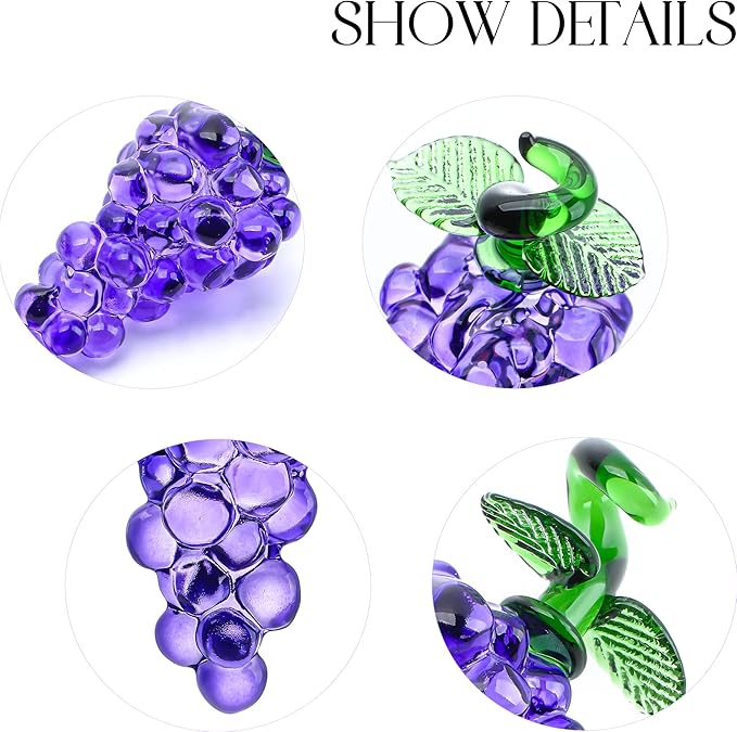 Handmade Glass Purple Grape Figurine Collectibles Crystal Fruit Ornament Decoration Art Glass Grape Miniature for Home Office Birthday for Mum