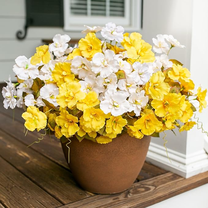 Fall Flowers Fake Flowers Mums for Outdoors Autumn Decoration, 6 Bundles Artificial Flowers Faux Silk Plants Realistic UV Resistant for Outside Planter Patio (Fall Yellow White)