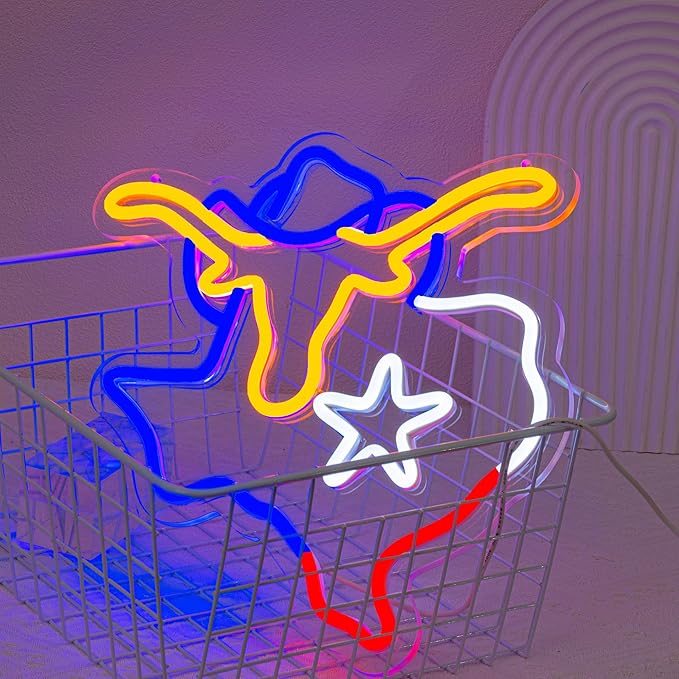 Texas Neon Sign Longhorn Neon Light for Wall Decor cowboy Neon Signs Colorful LED Neon Sign USB Powered LED Neon Light for Bedroom Living Room Mall Restaurant Shop Decor