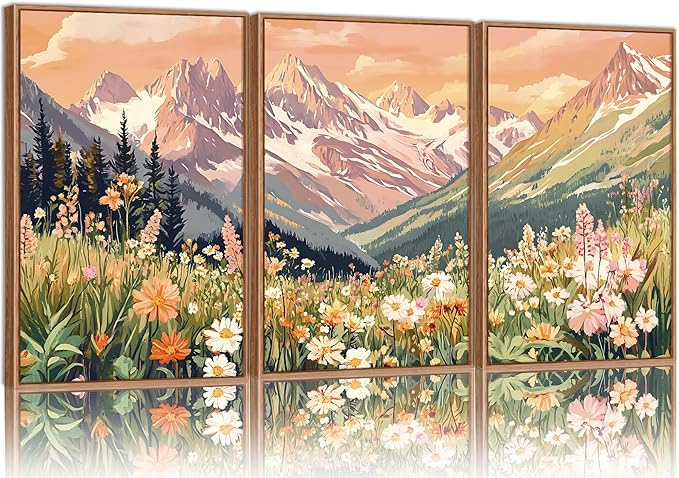 SIGNINART Vintage Floral Framed Canvas Wall Art Set, Large Mountains Nature Landscape Wall Decor, Bohemian Wildflower Forest Artwork, Pink Ridge Art Printing for Living Room Bedroom Office 16"x24"x3