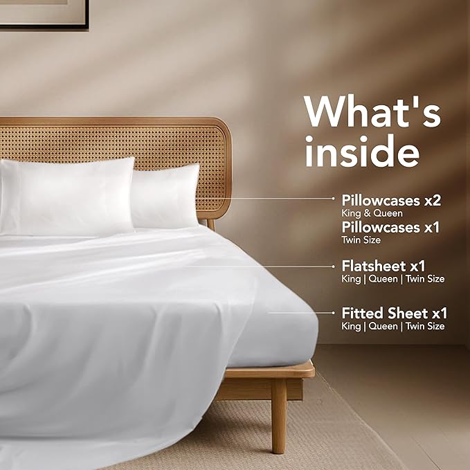 EPITEX Solid 4 Piece Queen Sheet Set - Viscose Derived from Bamboo, 1400 Thread Count, Breathable and Cooling Bed Sheets Set, Luxurious Silky Bedding for Hot Sleeper, Deep Pocket Up to 16'', White