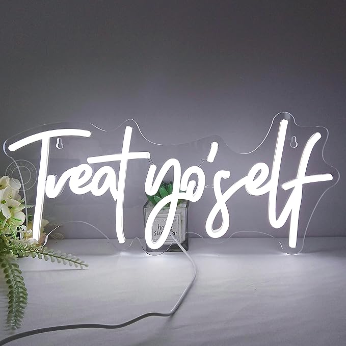 SYLHOME Treat Yourself Led Neon Light Sign Bedroom Kids Room Living Room Art Wall Decor Sign Home Family Birthday Wedding Party Light Up Sign USB 16.54" X 7.1" Cold White