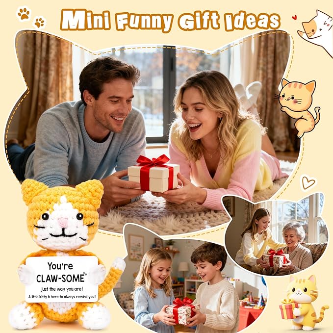 Crochet Cat Lover Gifts for Women Men, Small Funny Handmade Emotional Positive Crochet Animals Stuffed Plush, Mini Cool Cute Stuff Things Presents for Girls Boys, Fun Kitten Kitty Cat Ornament Decor