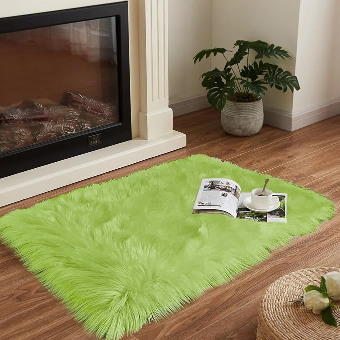 Goolela Area Rug 3x5 for Bedroom Dorm Bedside Living Room Green Fluffy Soft Rug Washable Faux Fur Rug Decor Shaggy Sheepskin Rug Rectangle