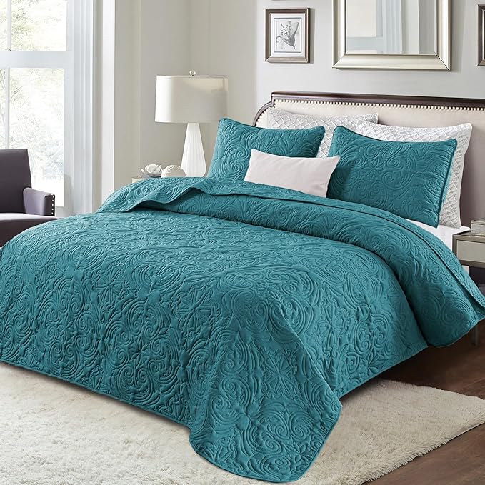 Exclusivo Mezcla Twin Quilt Bedding Set with 1 Pillow Sham, Lightweight Dusty Teal Twin Size Quilt Bedspread with Vintage Damask Pattern, Soft Bedspreads Coverlets for All Seasons