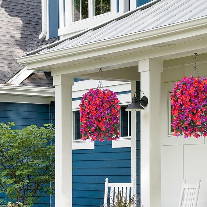 Artificial Bougainvillea Faux Flowers Plants Baskets for Outdoor Outside Decoration, 3PCS Fake Silk Flowers Long Trailing Vines UV Resistant Realistic for Front Door Porch Patio Balcony, PurpleRed